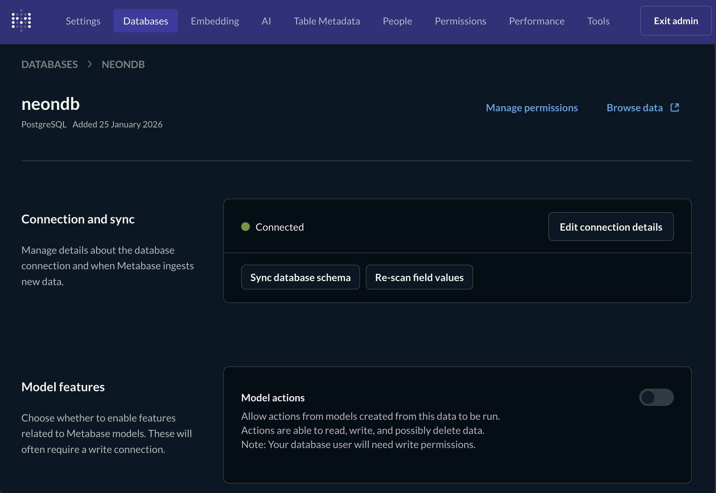 Metabase database sync
